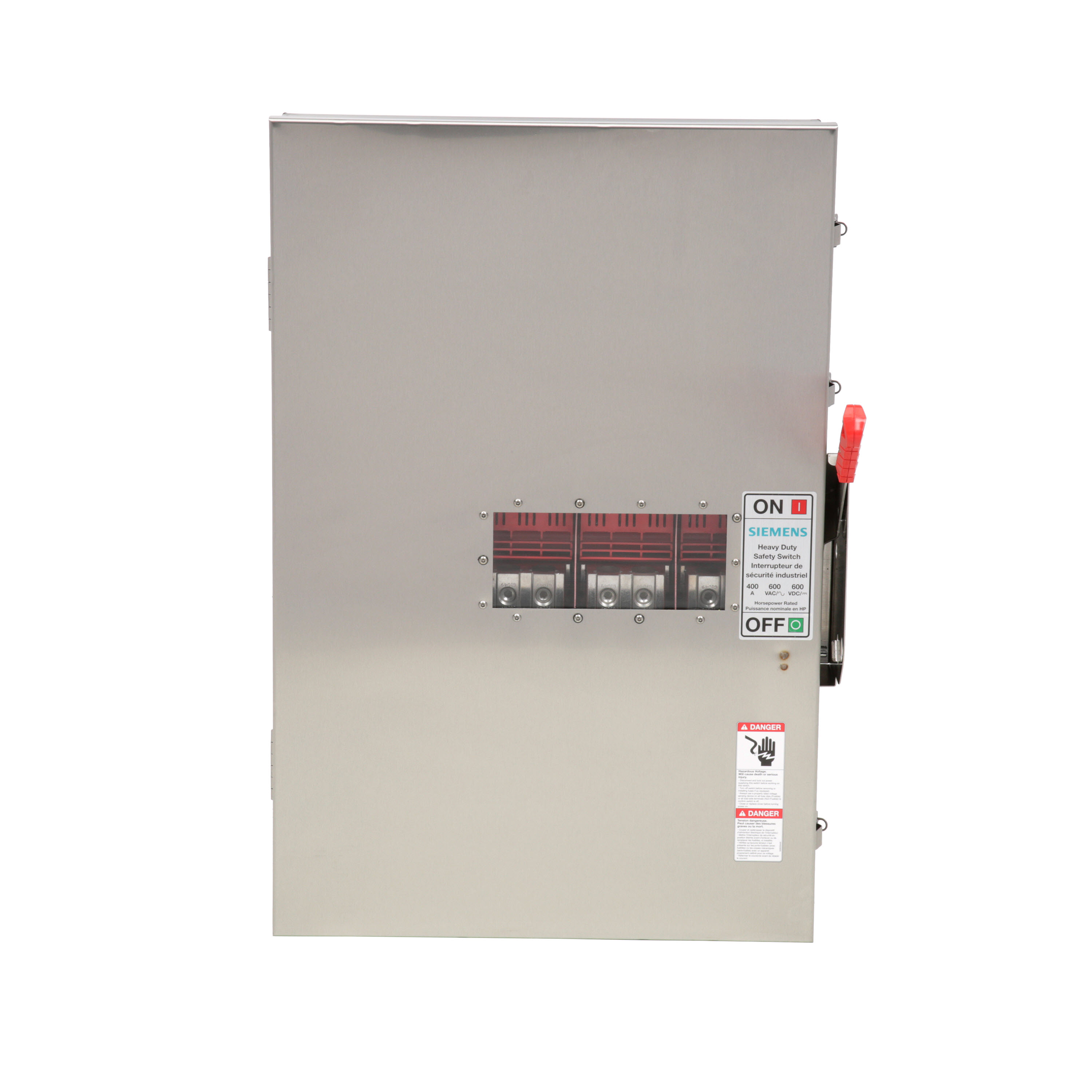 Siemens Low Voltage Circuit Protection Heavy Duty Safety Switch. 3-Pole Non-Fused in a type 4/4X 304 grade Stainless Steel enclosure. Rated 600VAC (400A). Special features viewing window.