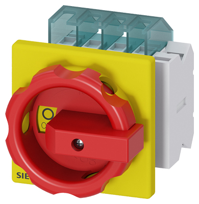 SENTRON, 3LD switch disconnector, EMERGENCY-STOP switch, 3-pole, Iu 16 A, Operational power / at AC-23 A at 400 V 7,5 kW, front- mounted, 1NC, 1NO, rotary operating mechanism, red/yellow, 4-hole mounting of the handle