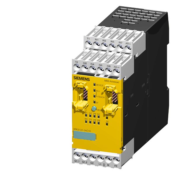 SIRIUS, central module 3RK3 advanced for modular safety system 3RK3 4/8 f-di, 1f-ro, 1 f-do, 24VDC monitors of asi slaves, control of safe outputs on as-i bus parameterizable via sw mss es width 45mm screw terminal up to category 4 (en954-1) up to sil3 (iec 61508) up to performance level e (iso 13849-1)