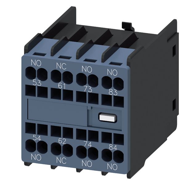 Aux.switch block,front,3NO+1NC, curr.path 1NO, 1NC, 1NO, 1NO, f. cont. relays a. motor cont., sz s00 and s0, spring-loaded terminal 53 / 54,61 / 62,73 / 74,83 / 84 din en 50011