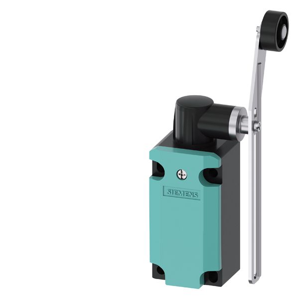 SIRIUS position switch metal enclosure 40mm acc. to en50041 device connection 1x (m20x1.5) 1NO/1NC snap-action contacts rotary actuator right/left adjustable, w. angled length adjustable metal lever and plastic roller 22mm customer-specific