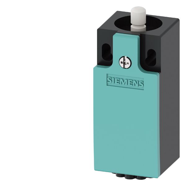 SIRIUS POSITION SWITCH WITH PLASTIC ENCLOSURE CABINET TYPE WITHOUT HOLDING PLATE. EN50047. 1X(M20X1.5) 1NO/1NC SNAP-ACTION CONTACTS INTEGRATED (NOT EXCHANGEABLE) ROUNDED PLUNGER. DEGREE OF PROTECTION IP40. WITH SELF-SEAL.GROMMET.ENCLOS.BLACK. FLAT COVER IN TURQUOISE. WITHOUT LOCKING PLATE. WITHOUT GASKET. WITHOUT SCREWS. WITHOUT CABLE