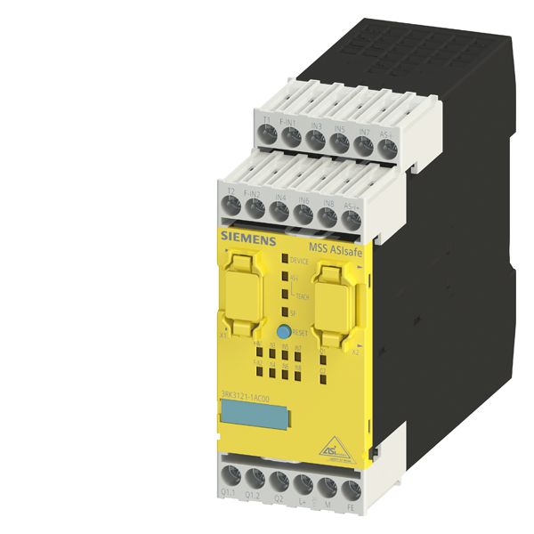 SIRIUS, CENTRAL UNIT 3RK3 ASISAFE BASIC FOR MODULAR SAFETY SYSTEM 3RK3 1/2F-DI,6DI,1F-RO,1F-DO, 24V DC MONITORING OF ASI SLAVES, CONTROL OF 8 SAFE OUTPUTS ON AS-I BUS PARAMETERIZABLE VIA SW MSS ES WIDTH 45MM SCREW TERMINAL UP TO SIL3 (IEC 61508) UP TO PERFORMANCE LEVEL E (ISO 13849-1) NO EXPANSION MODULE CAN BE CONNECTED