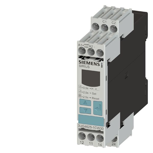 DIGITAL MONITORING RELAY FOR FAULT CURRENT MONITORING (W. CURRENT TRANSFORMER 3UL23) SETTING RANGE 0.03A TO 40A SEPARATE FOR ALARM THRESHOLD AND SWITCH-OFF VALUE SUPPLY VOLTAGE AC/DC 24 .. 240 V, 50 .. 60 HZ STARTUP AND TRIPPING DELAY 0.1 TO 20S SWITCH-OFF HYSTERESIS UP TO 50% ALARM HYSTERESIS 5% FIXED WIDTH 22.5 MM, 2 CO CONTACTS W. OR W/O ERROR LOG SCREW TERMINAL