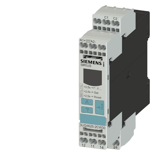 DIGITAL MONITORING RELAY FOR FAULT CURRENT MONITORING (W. CURRENT TRANSFORMER 3UL23) SETTING RANGE 0.03A TO 40A SEPARATE FOR ALARM THRESHOLD AND SWITCH-OFF VALUE SUPPLY VOLTAGE AC/DC 24 .. 240 V, 50 .. 60 HZ STARTUP AND TRIPPING DELAY 0.1 TO 20S SWITCH-OFF HYSTERESIS UP TO 50% ALARM HYSTERESIS 5% FIXED WIDTH 22.5 MM, 2 CO CONTACTS W. OR W/O ERROR LOG SPRING-LOADED TERMINAL