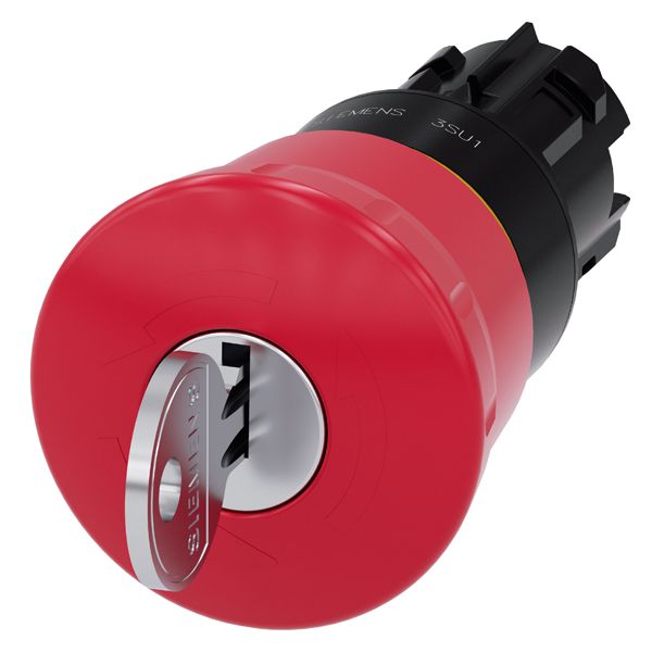 Em. stop mushroom pushbutton, 22mm, round, plastic, red, 40mm, with ronis lock,lock no. 455, positive latching, key-operated release
