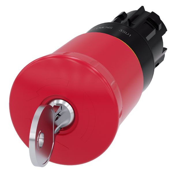 EM. STOP MUSHROOM PUSHBUTTON, 22MM, ROUND, PLASTIC, RED, 40MM, WITH CES LOCK, LOCK NO. SMS1, POSITIVE LATCHING, KEY-OPERATED RELEASE