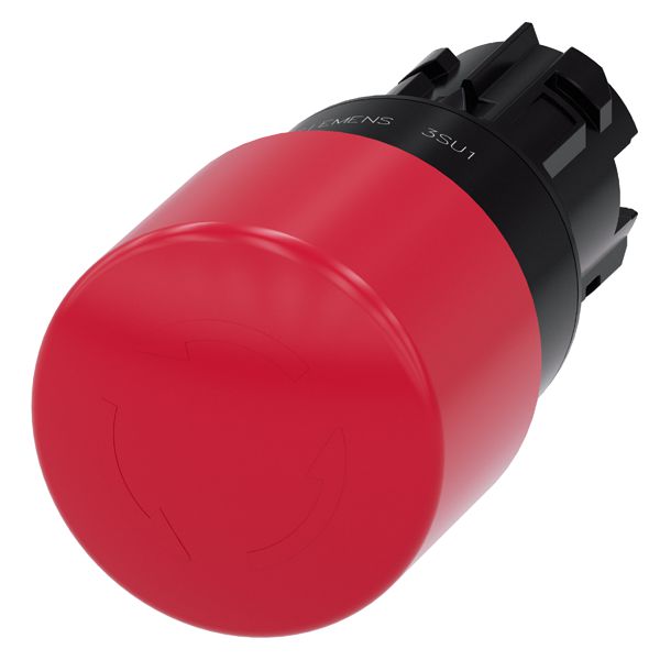 Em. stop mushroom pushbutton, 22mm, round, plastic, red, 30mm, positive latching, rotate to unlatch