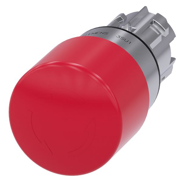 Em. stop mushroom pushbutton, 22mm, round, metal, shiny, red, 30mm, positive latching, rotate to unlatch