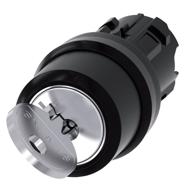 Ronis key-operated switch, 22mm, round, plastic, lock no. 455, with 2 keys, 2 switch positions o-i, latching, actuating angle 90 deg., 10 30h/13 30h, key removal pos. o