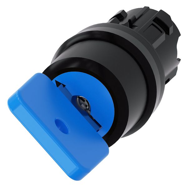 O.m.r. key-operated switch, 22mm, round, plastic, lock no. 73038, blue, with 2 keys, 2 switch positions o-i, latching, ACt. an. 50 deg., 12/2 o clock, key removal pos. o