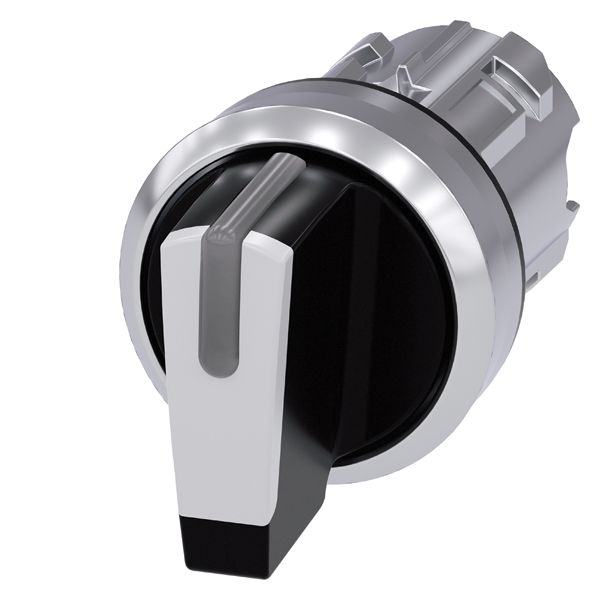 Selector switch, can be illum., 22mm, round, metal, shiny, black, white, short selector switch, 3 switch positions i-o-ii, momentary contact type, actuating angle 2x45 deg., 10 30h/12h/13 30h