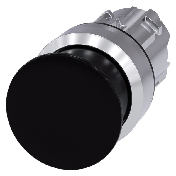 Mushroom pushbutton, 22mm, round, metal, shiny, black, 30mm, momentary contact type