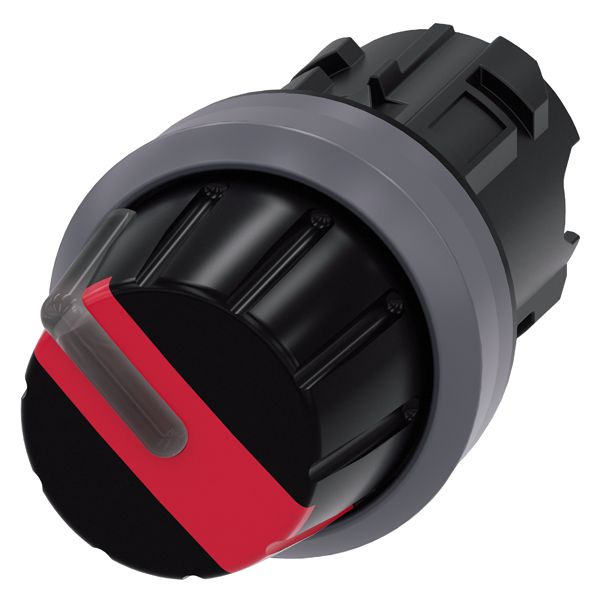 SELECTOR SWITCH, CAN BE ILLUM., 22MM, ROUND, PLASTIC WITH METAL FRONT RING, RED, ROTARY KNOB, 2 SWITCH POSITIONS O-I, LATCHING, ACTUATING ANGLE 90 DEG., 10 30H/13 30H