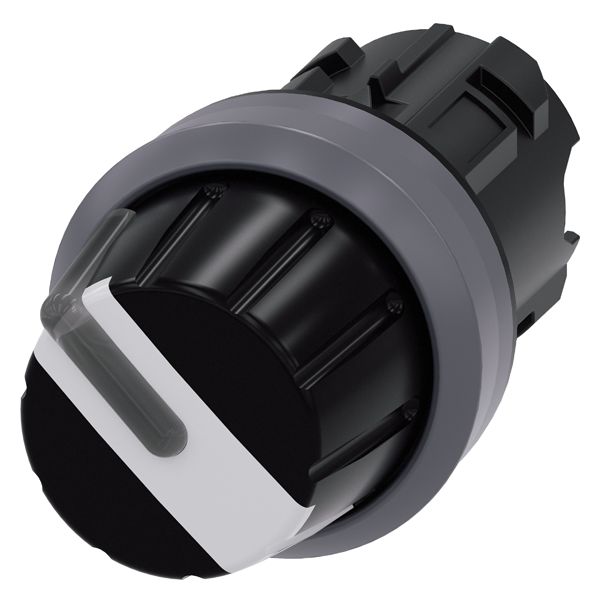 Selector switch, can be illum., 22mm, round, plastic with metal front ring, black, white, rotary knob, 2 switch positions o-i, latching, actuating angle 90 deg., 10 30h/13 30h
