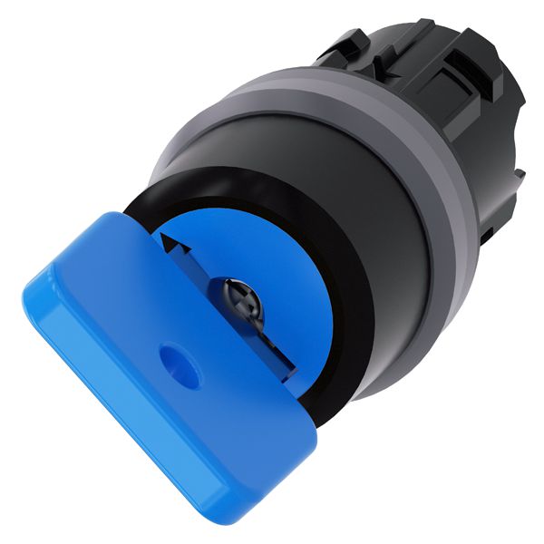 O.M.R. KEY-OPERATED SWITCH, 22MM, ROUND, PLASTIC WITH METAL FRONT RING, LOCK NO. 73038, BLUE, WITH 2 KEYS, 2 SWITCH POSITIONS O-I, MOMENTARY CONTACT TYPE, ACTUATING ANGLE 45 DEG., 10 30H/12H, KEY REMOVAL POS. O
