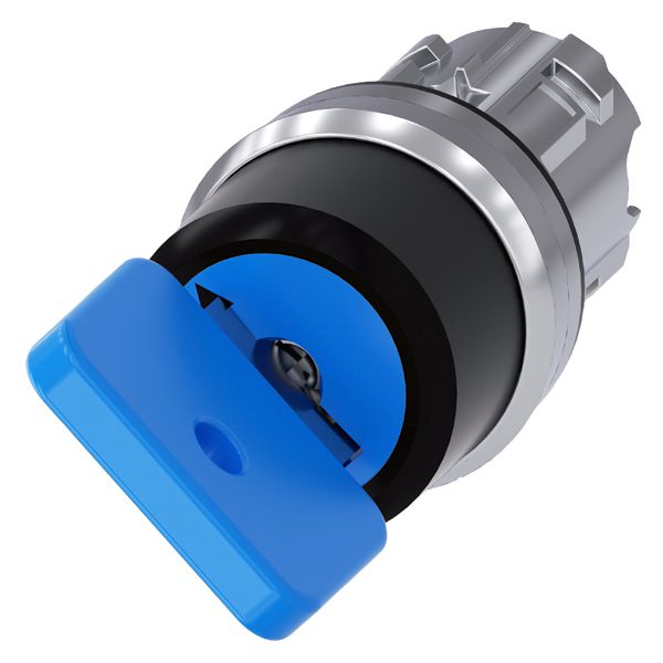 O.m.r. key-operated switch, 22mm, round, metal, shiny, lock no. 73038, blue, with 2 keys, 2 switch positions o-i, momentary contact type, actuating angle 45 deg., 10 30h/12h, key removal pos. o