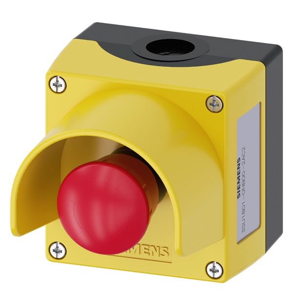 Enclosure for command devices, 22mm, round, enclosure material plastic, enclosure top part yellow, with protective collar, 1 command point plastic, a=em. stop mush. pushb. red, 40mm, rotate to unlatch, 1NC, 1NC, screw terminal, base mounting, top and bottom 1 x m20 eACh