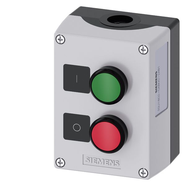 Enclosure for command devices, 22mm, round, enclosure material plastic, enclosure top part gray, 2 command points plastic, b=pushbutton green, label i, 1NO, screw terminal, a=pushbutton red, label o, 1NC, screw terminal, base mounting, topand bottom 1 x m20 eACh