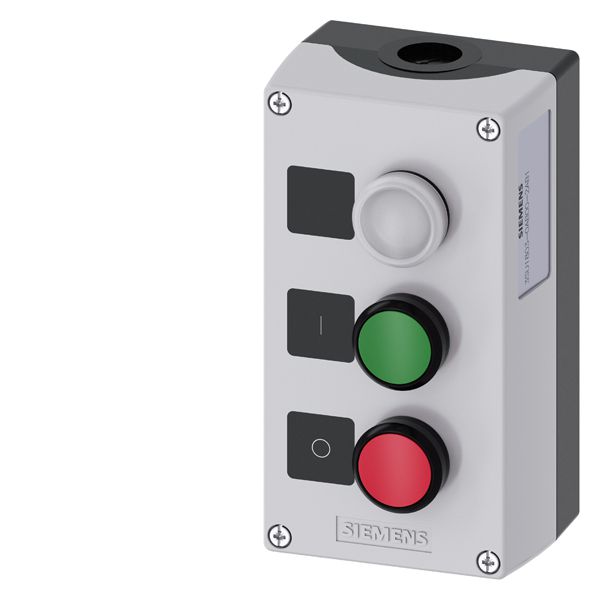 Enclosure for command devices, 22mm, round, enclosure material plastic, enclosure top part gray, 3 command points plastic, c=indicator light clear, label led 24V, screw terminal, b=pushbutton green, label i, 1NO, screw terminal, a=pushbutton red, label o, 1NC, screw terminal, base mounting, top and bottom 1 x m20 eACh