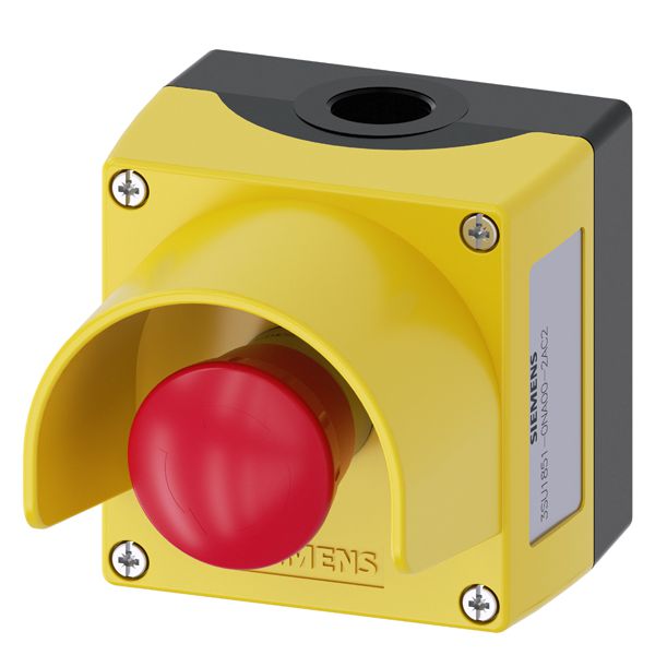 Enclosure for command devices, 22mm, round, enclosure material metal, enclosuretop part yellow, with protective collar, 1 command point metal, a=em. stop mushroom pushb. red, 40mm, rotate to unlatch, 1NC, screw terminal, base mounting, top and bottom 1 x m20 eACh