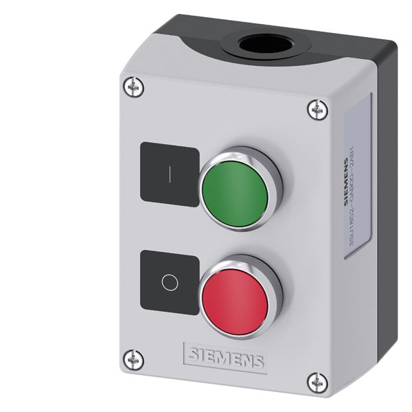 Enclosure for command devices, 22mm, round, enclosure material metal, enclosuretop part gray, 2 command points metal, b=pushbutton green, label i, 1NO, screw terminal, a=pushbutton red, label o, 1NC, screw terminal, base mounting, top andbottom 1 x m20 eACh