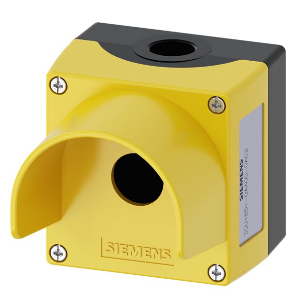 Enclosure for command devices, 22mm, round, enclosure material metal, enclosuretop part yellow, with protective collar, 1 command point, unequipped, base mounting, top and bottom 1 x m20 eACh