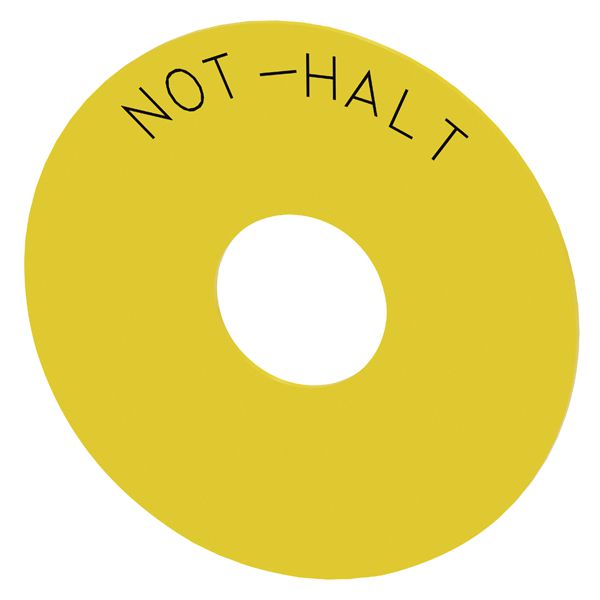 Round backing plate, for em. stop mush. pushbutton, yellow, self-adhesive, external diameter 75mm, internal diameter 23mm, with inscription not-halt