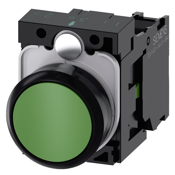 Pushbutton, 22mm, round, plastic, green, flat button, momentary contact type, with holder 1NO, screw terminal