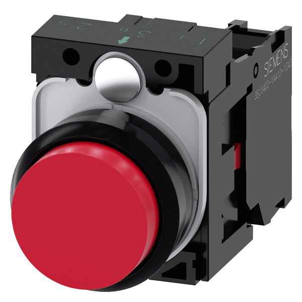 Pushbutton, 22mm, round, plastic, red, raised button, momentary contact type, with holder 1NC, screw terminal