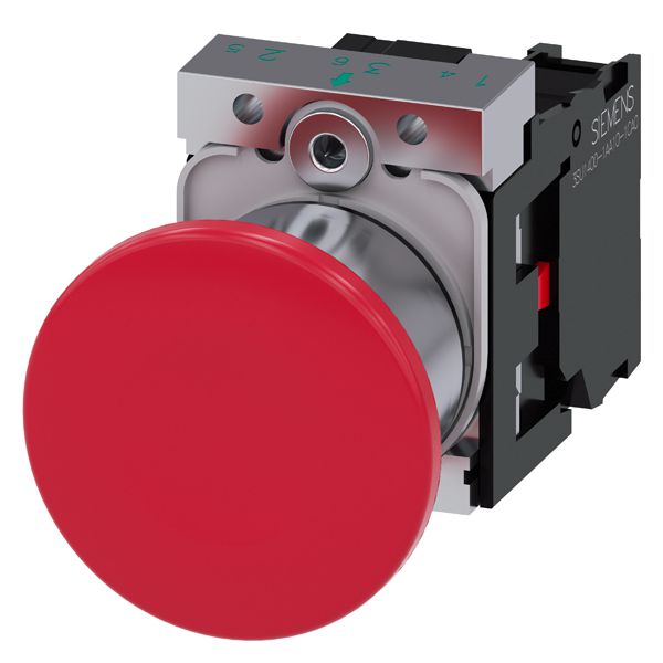 Mushroom pushbutton, 22mm, round, metal, shiny, red, 40mm, latching, pull to unlatch, with holder, 1NC, screw terminal