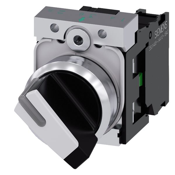 Selector switch, can be illum., 22mm, round, metal, shiny, black, white, short selector switch, 2 switch positions o-i, latching, actuating angle 90 deg., 10 30h/13 30h, with holder, 1NO, screw terminal