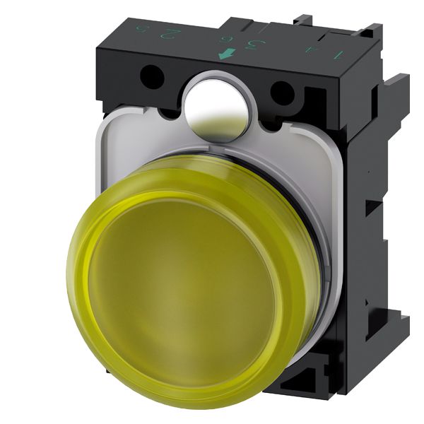 Indicator light, 22mm, round, plastic, yellow, smooth lens, with holder, led module, with integrated led 24V AC/DC, screw terminal