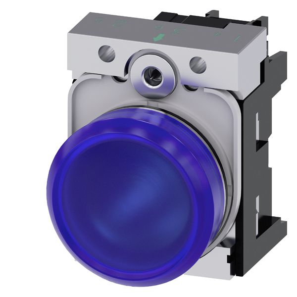 Indicator light, 22mm, round, metal, shiny, blue, smooth lens, with holder, ledmodule, with integrated led 24V AC/DC, screw terminal