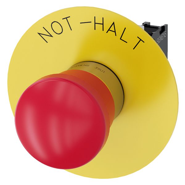 Em. stop mushroom pushbutton, 22mm, round, metal, shiny, red, 40mm, latching, pull to unlatch, with yellow backing plate, inscription not-halt, with holder, 1NC, screw terminal
