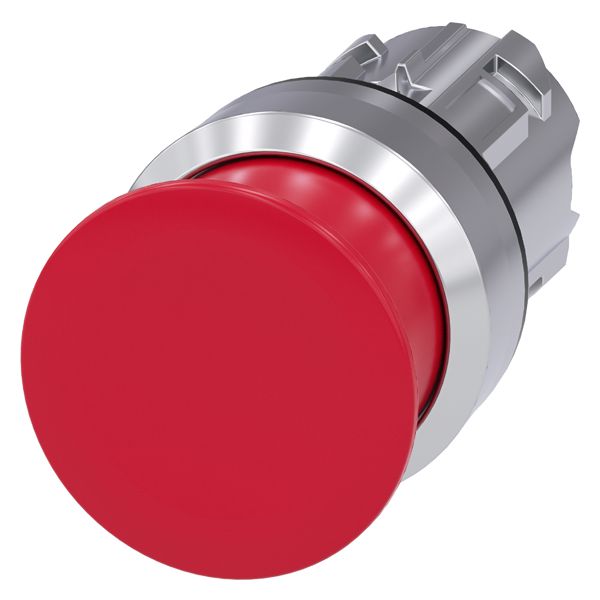 Mushroom pushbutton, 22mm, round, metal, shiny, red, 30mm, momentary contact type