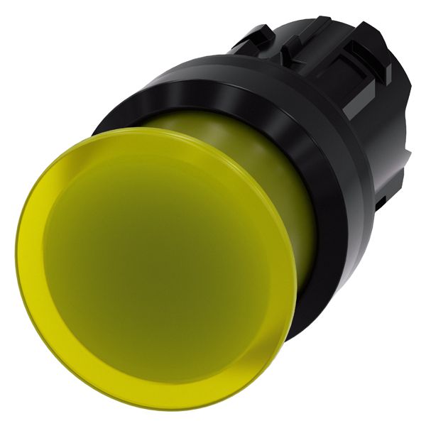 Illum. mushroom pushbutton, 22mm, round, plastic, yellow, 30mm, momentary contact type