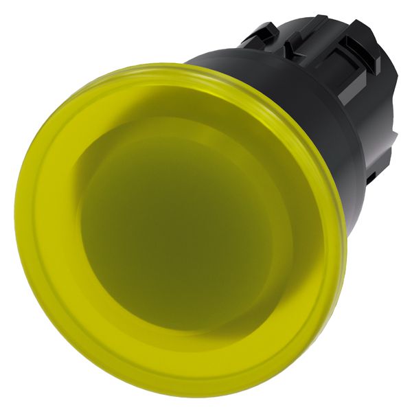 Illum. mushroom pushbutton, 22mm, round, plastic, yellow, 40mm, latching, pull to unlatch