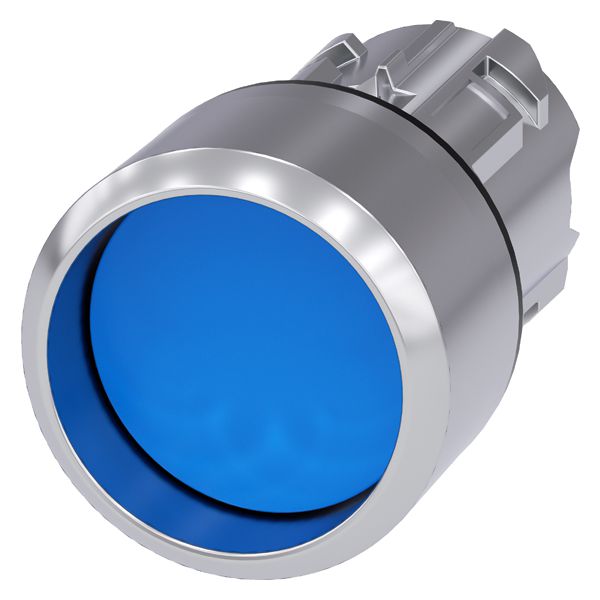 Pushbutton, 22mm, round, metal, shiny, blue, raised front ring, momentary contact type