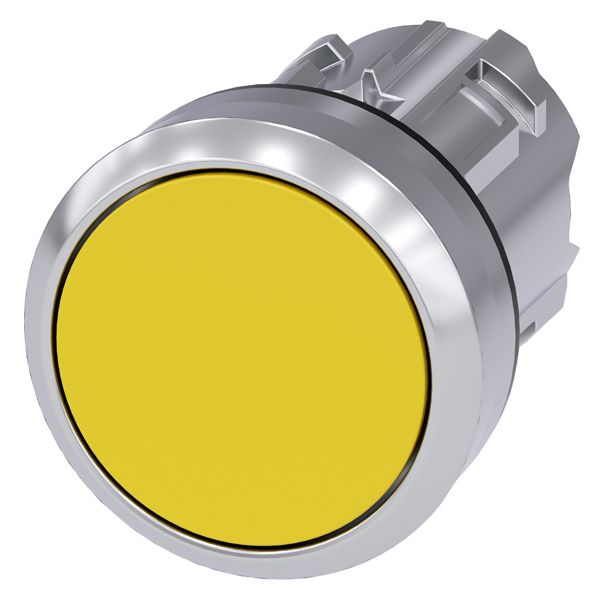 Pushbutton, 22mm, round, metal, shiny, yellow, flat button, latching, push to unlatch