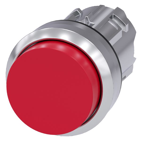 Pushbutton, 22mm, round, metal, shiny, red, raised button, latching, push to unlatch