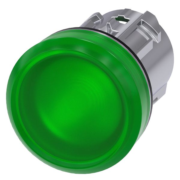 Indicator light, 22mm, round, metal, shiny, green, smooth lens