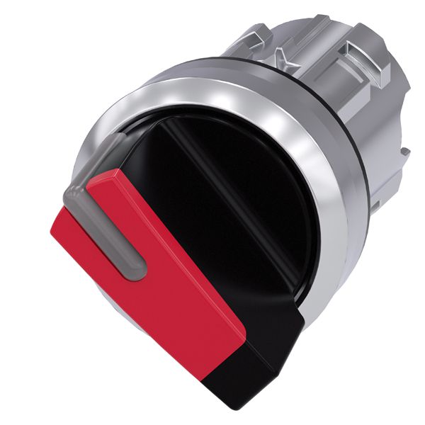Selector switch, can be illum., 22mm, round, metal, shiny, red, short selector switch, 2 switch positions o-i, momentary contact type, actuating angle 45 deg.,10 30h/12h