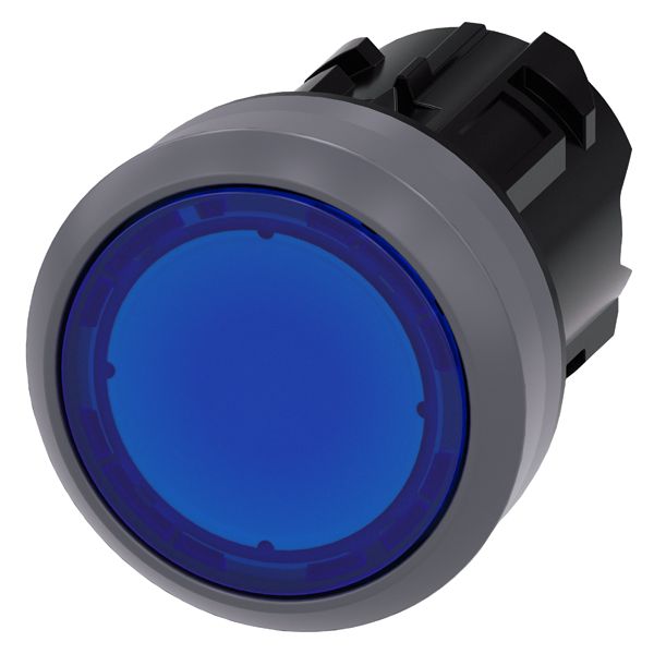 Illuminated pushbutton, 22mm, round, plastic with metal front ring, blue, flat button, momentary contact type