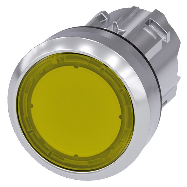 Illuminated pushbutton, 22mm, round, metal, shiny, yellow, flat button, latching, push to unlatch