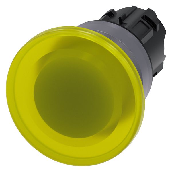 ILLUM. MUSHROOM PUSHBUTTON, 22MM, ROUND, PLASTIC WITH METAL FRONT RING, YELLOW,40MM, MOMENTARY CONTACT TYPE