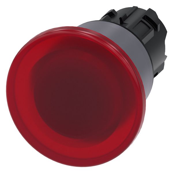 Illum. mushroom pushbutton, 22mm, round, plastic with metal front ring, red, 40mm, latching, pull to unlatch