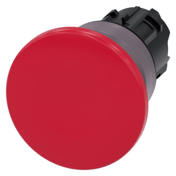 Mushroom pushbutton, 22mm, round, plastic with metal front ring, red, 40mm, momentary contact type