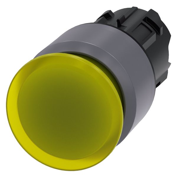 Illum. mushroom pushbutton, 22mm, round, plastic with metal front ring, yellow,30mm, latching, pull to unlatch