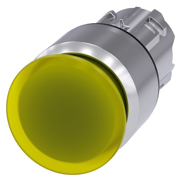 Illum. mushroom pushbutton, 22mm, round, metal, shiny, yellow, 30mm, latching, pull to unlatch